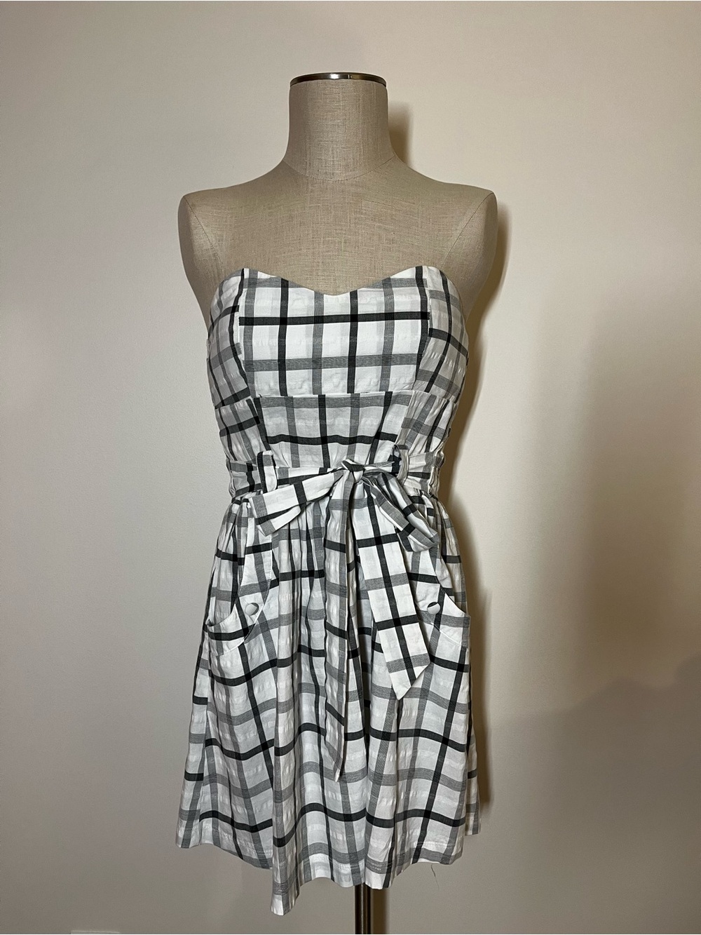 Strapless Black & White cotton Plaid Tie-Waist Dress